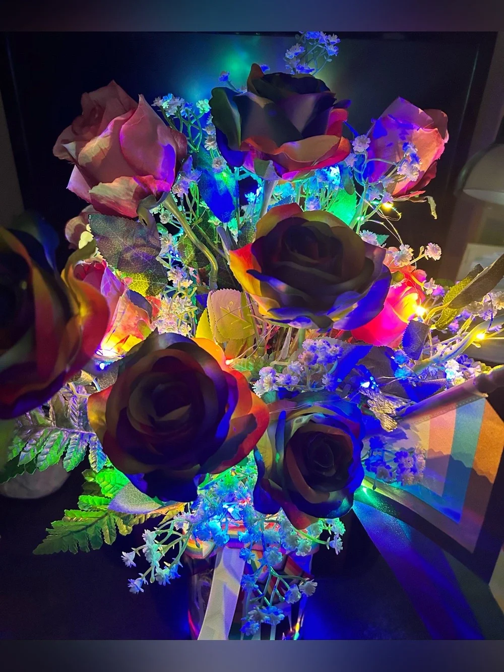 XL PRIDE FAUX FLORAL ARRANGEMENT/RAINBOW FAIRY LIGHTS/DOZEN ROSES/HANDMADE/NWT